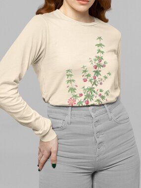 Madder-Leaved Bauera Vintage Floral Print Long Sleeve Graphic Tee T-shirt S-XXL